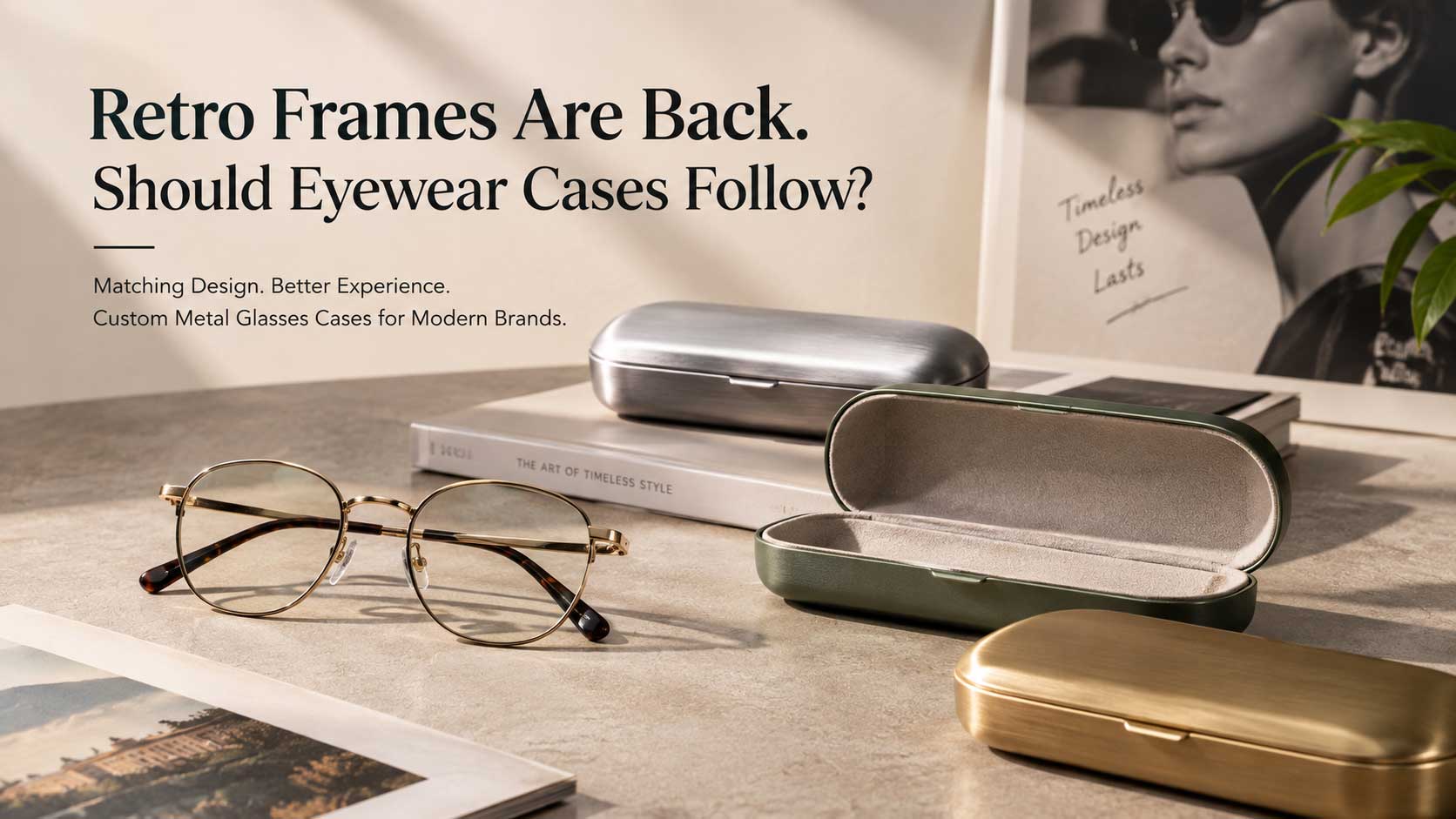 Retro eyewear with custom metal glasses cases in a premium editorial setting