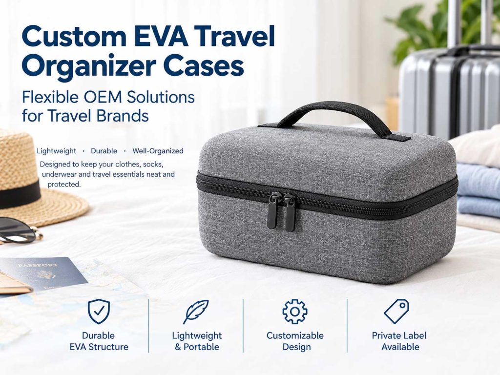 Custom gray EVA travel organizer case with a black zipper and handle for clothing storage and travel essentials.
